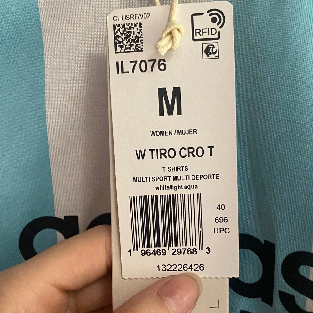 Adidas Light Blue & White Striped Womens Cropped Sports Tee - Picture 2 of 6